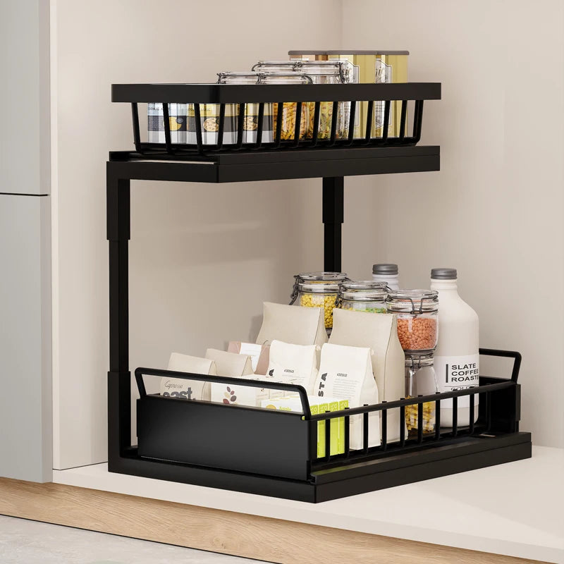 2 Tier Metal Under Sink Cabinet Organizer Pull Out Sliding Drawers Bathroom L Shape Shelf Rack