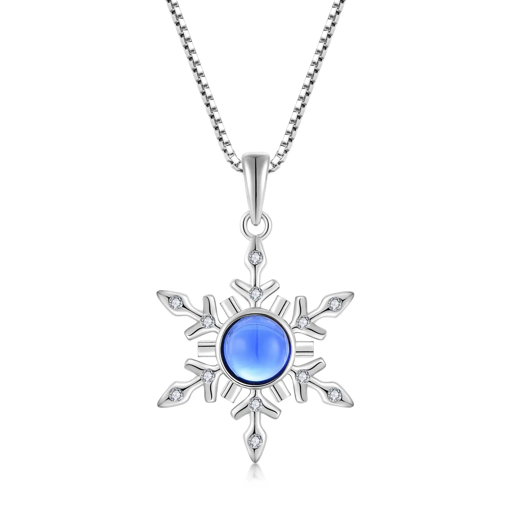 QX CUSTOM OEM Fine Jewelry Women 925 Sterling Silver Gemstone Blue Cubic Zircon SNOWFLAKE Necklaces