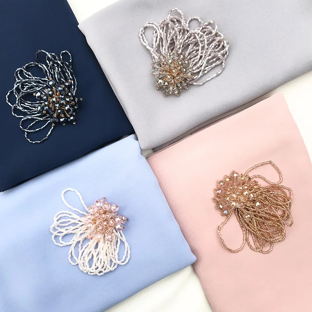Chiffon Shawl Scarf Heavy Chiffon Beaded Bawal Designed Hijab With Rhinestone Crystal 3D Bunga