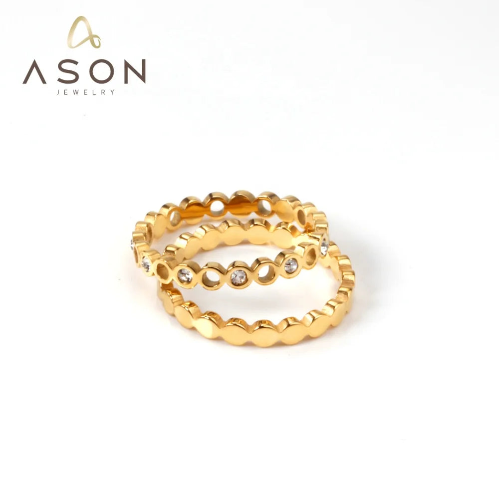 Ason Fashion Accessories Stainless Steel Gold Plated Stacked 2 Piece Zircon Ring Women Simple Trend Jewelry Ring