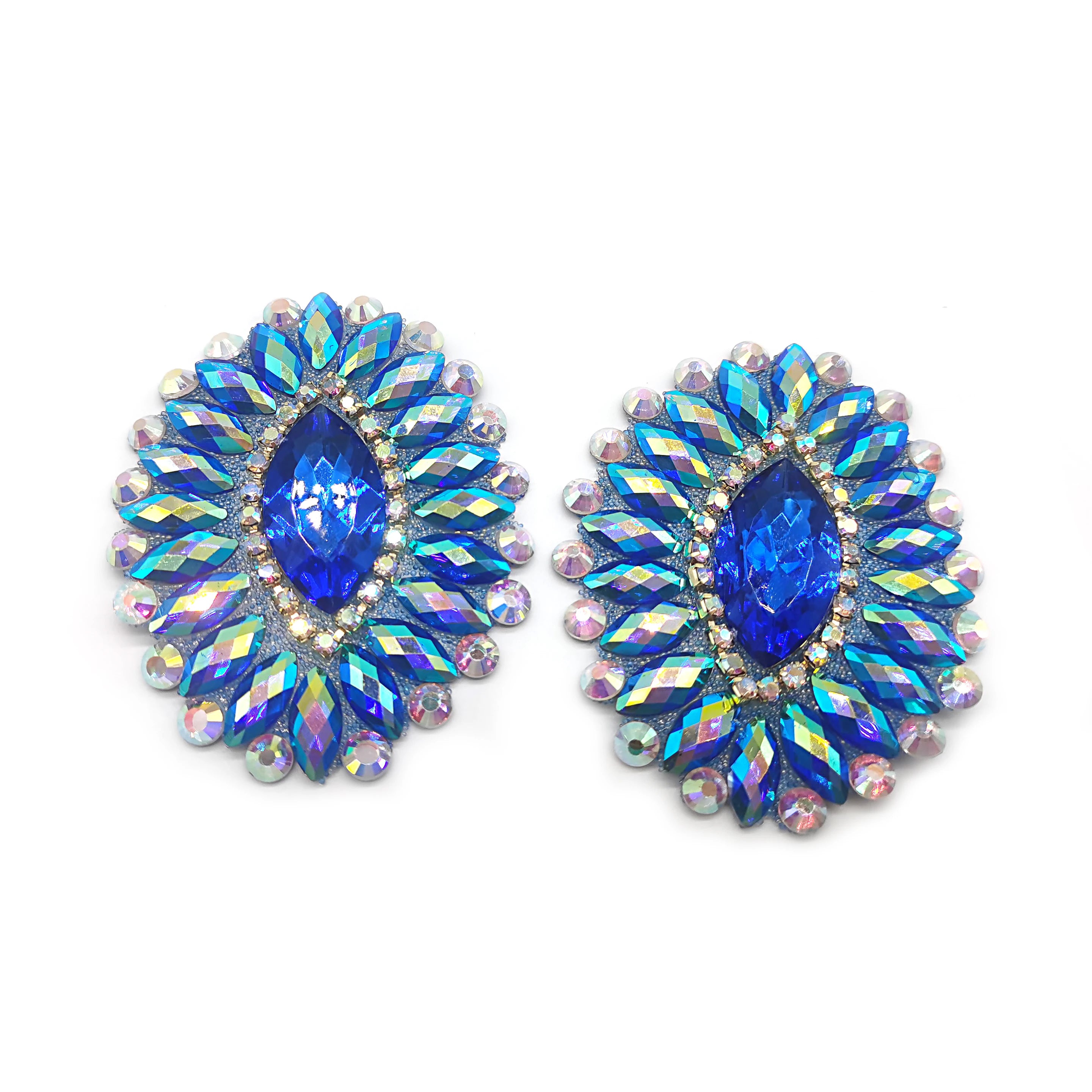 Custom Carnival Costumes Accessories Blue Color Rhinestone Applique Iron on Rhinestone Patches for Carnival Dress Clothing