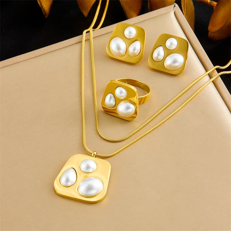 New Geometric Stainless Steel Pearl Jewelry Set 18k Gold Plated Irregular Necklace Earrings Rings Set for Women