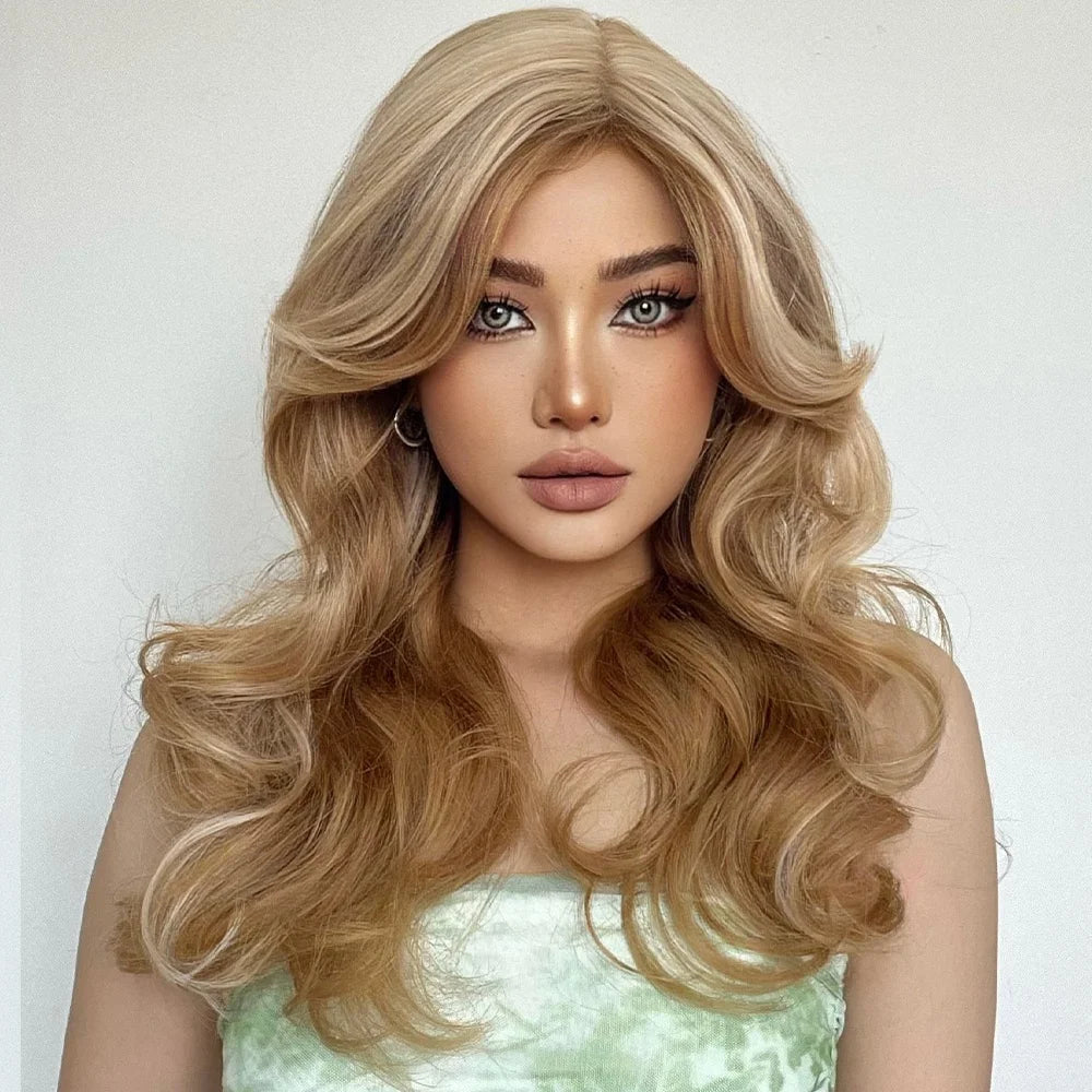 Moq1 Factory Wholesale Colorful Wig Deep Wave Wavy Hair Synthetic Wig Blonde Stripe No Bangs Wig Natural Smooth No Glue No Knot