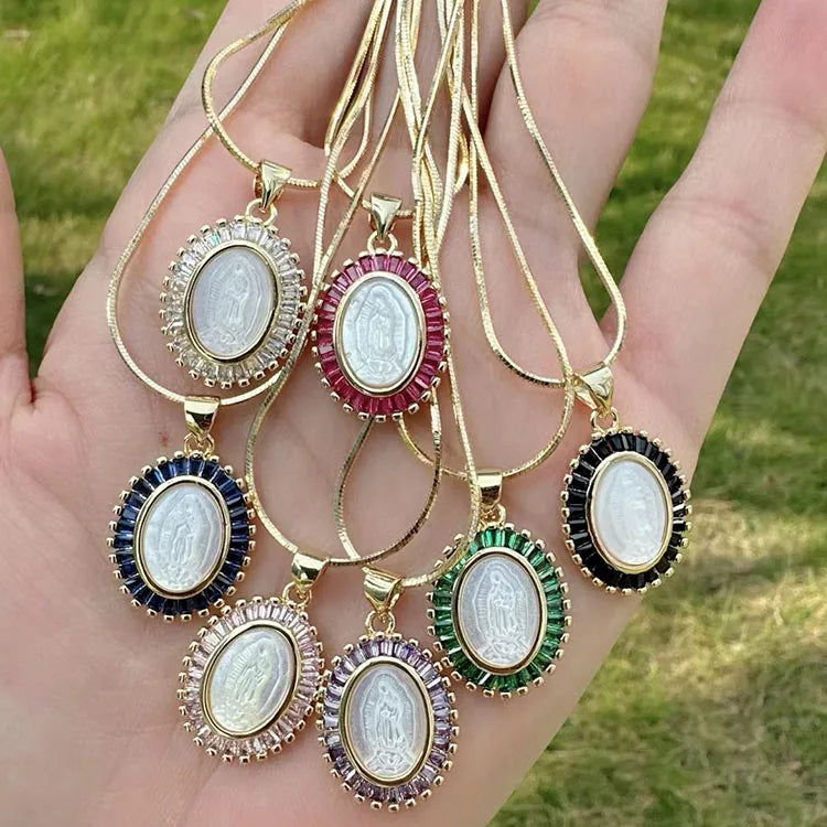 Baguette CZ MOP Shell Virgen De Guadalupe Virgin Mary Bracelet Necklace Bracelet Ring Christian Religious Jewelry Sets for Women