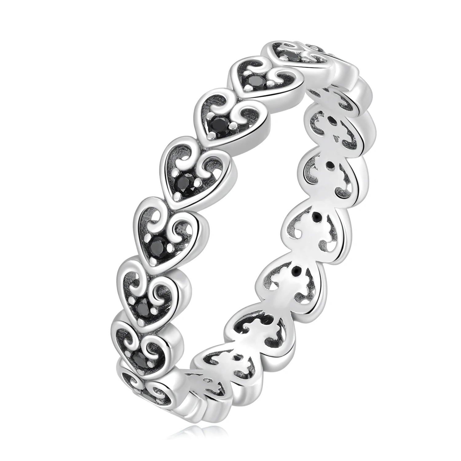 Factory 925 Sterling Silver Vintage Heart Shape Rings for Women Black CZ Lovely Hollow Ring Girl Wedding Jewelry Gift SCR882