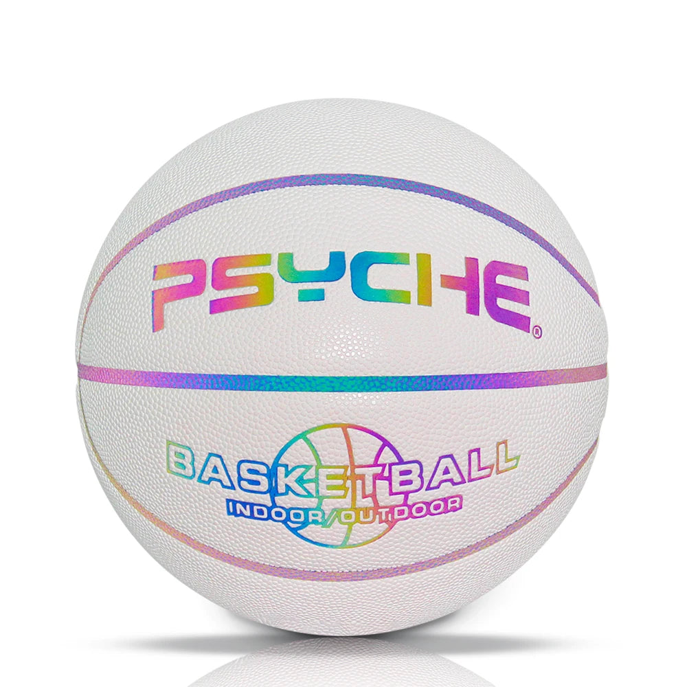 Custom Logo PSYCHE Size 7 Reflective Basketball Made of PU Leather for Indoor and Outdoor Play