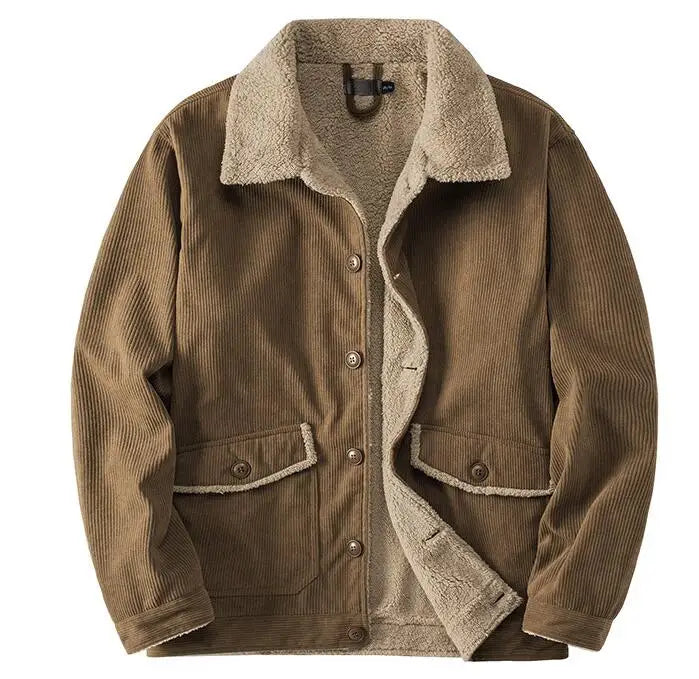 Men's Corduroy Plush Thick Jacket Oversized Solid Color Lapel Collar Loose Fitting Lamb Cashmere Jacket