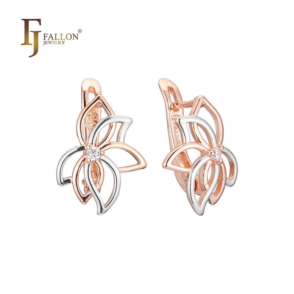 FJ Fallon Fashion Jewelry Maple Leaves Solitaire Earrings Plated in Rose Gold Two Tone Brass Based