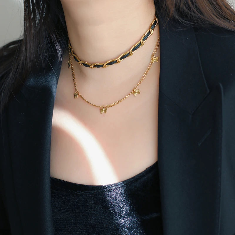 Moge Jewelry Trendy 18k Gold Plated Stainless Steel Sunlight Butterfly Pendant Figaro Chain Choker Necklace Women
