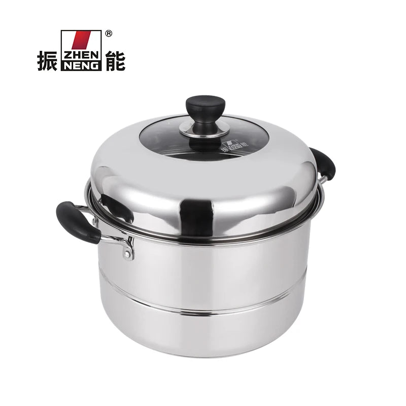 Zhenneng Eco-Friendly Chinese-style Stainless Steel Multifunctional Steamer Pot Bakelite Handle 28cm Diameter Glass Lid Gas