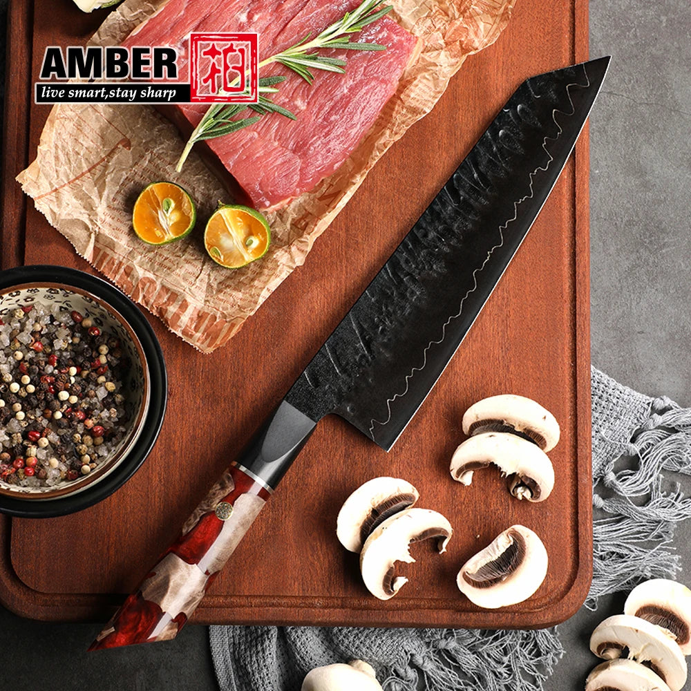 Amber 8 Inch Japanese Kiritsuke Chef Knife Carbon Steel Real Forged Steel Black Master Japanese Chef Knife Epoxy Resin Handle
