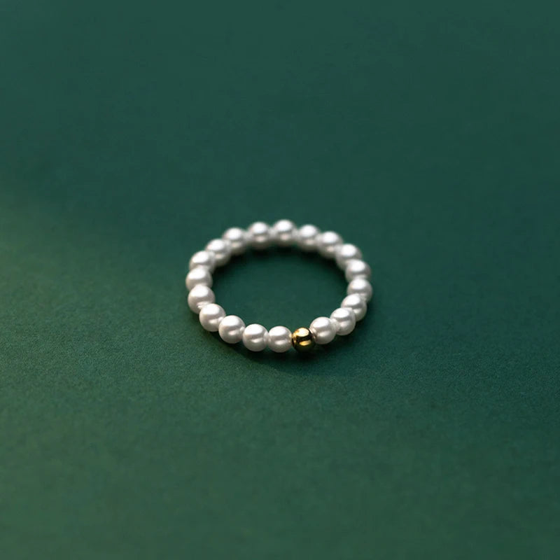 Round Beaded Elastic Pearl Stacking Rings for Women Handmade Summer 925 Silver Minimalist Jewelry