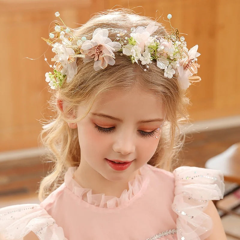 Children Hair Accessories Bridal Flower Headband Princess Tiara Wreath Garland Crown for Stage Show