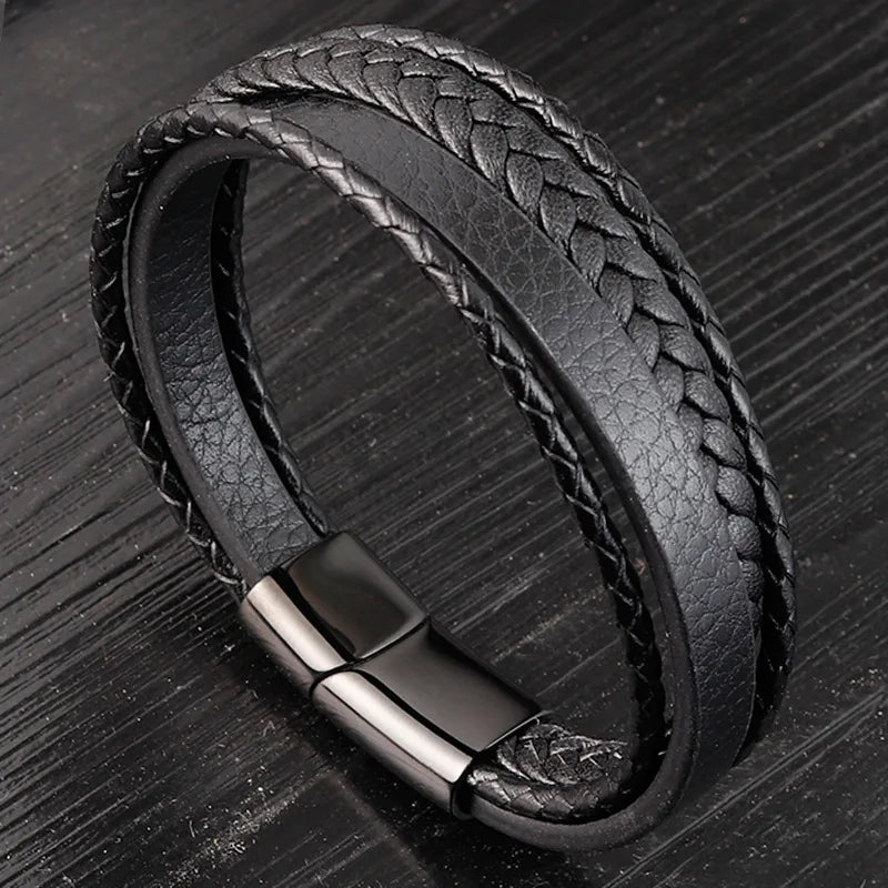 New Style Men Jewelry 316 Stainless Steel Clasp Black Multi Genuine Leather Men Bracelet