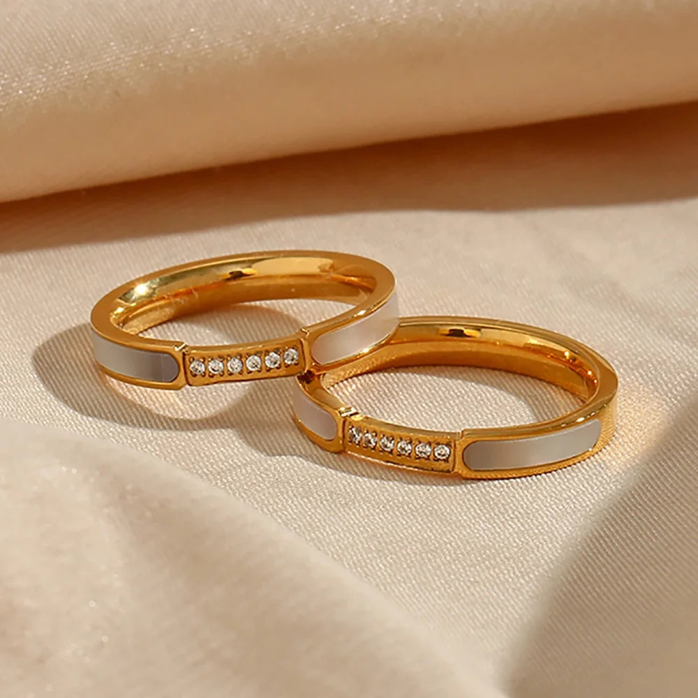 Dreamshow White Shell Signet Thin Stacking Rings Stainless Steel Gold Plated Cubic Zircon Ring