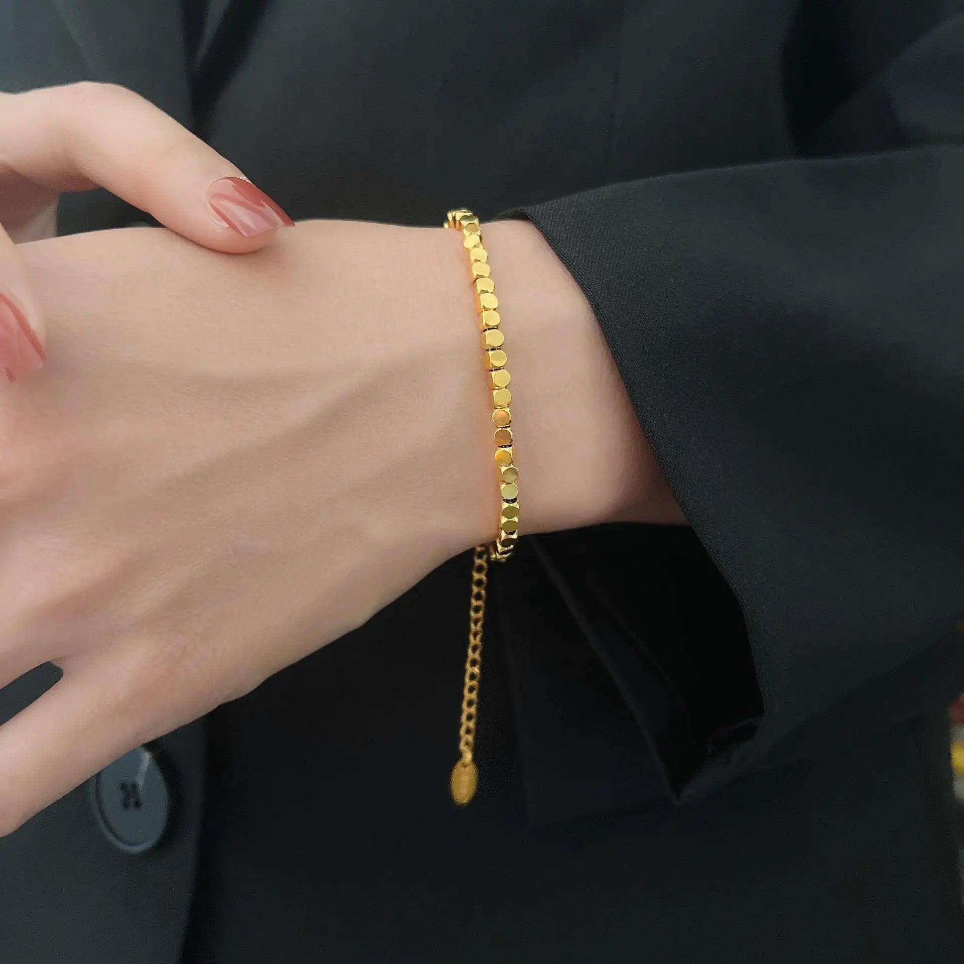 Personalized Stainless Steel 18K Gold Plated Organic Cube Square Beaded Bracelets for Women & Men Daily Wearing