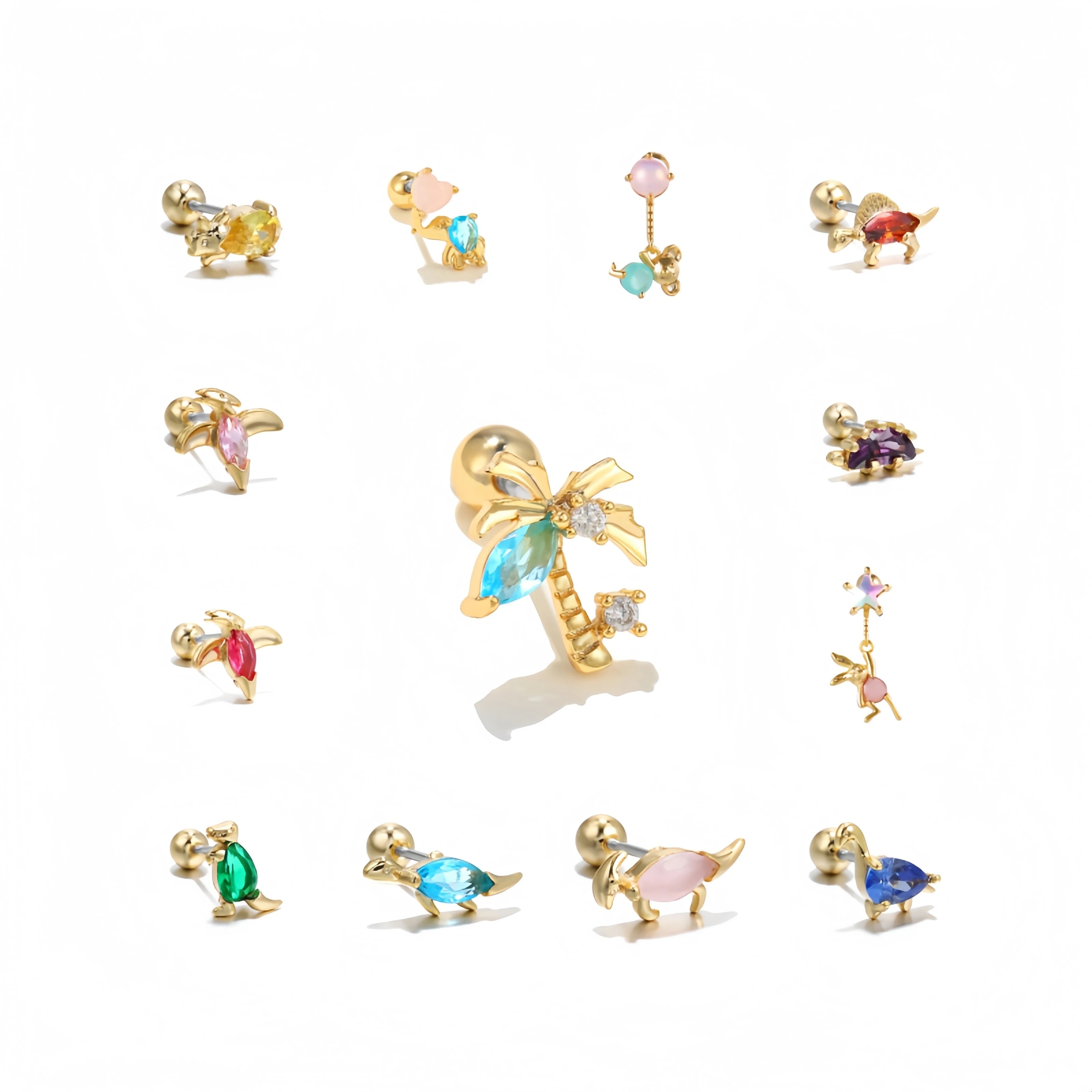 Girls Cute Little Animal Ear Bone Stud Dinosaur Bear Rabbit Piercing Jewelry Stainless Steel Screw Zirconia Earring Studs