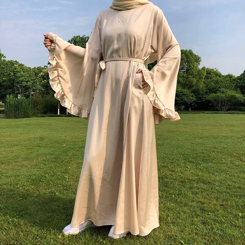 New Arrive Dubai Pocket Abaya Big Ruffle Sleeves Islamic Clothing Flowy Muslim Dress Flare Cuff Modest Abaya