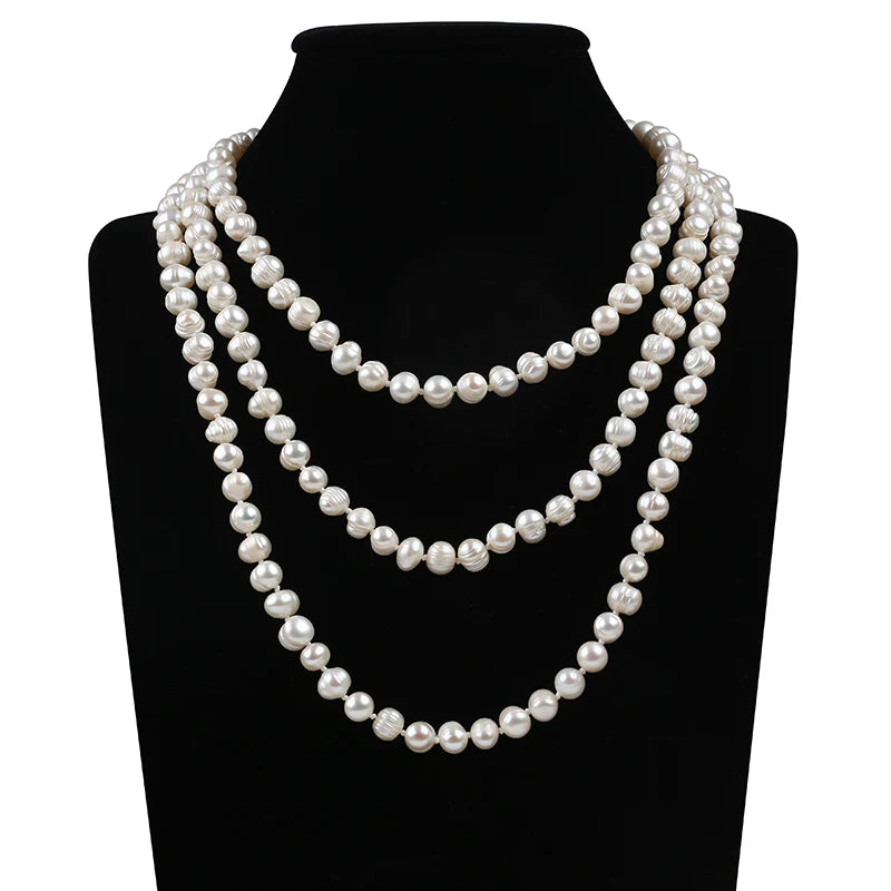 Wholesale Long 8-9mm Freshwater Pearl Necklace Classic Religious Style Wedding Party Gifts Featuring Natural White Color Diamond