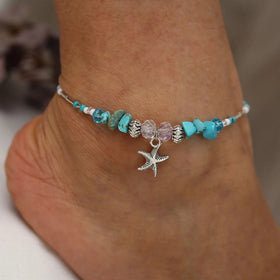 Summer Bohemian Blue Turquoise Tube Pearl Starfish Silver Anklet Fashion Women New Shell Ocean Beach Anklet