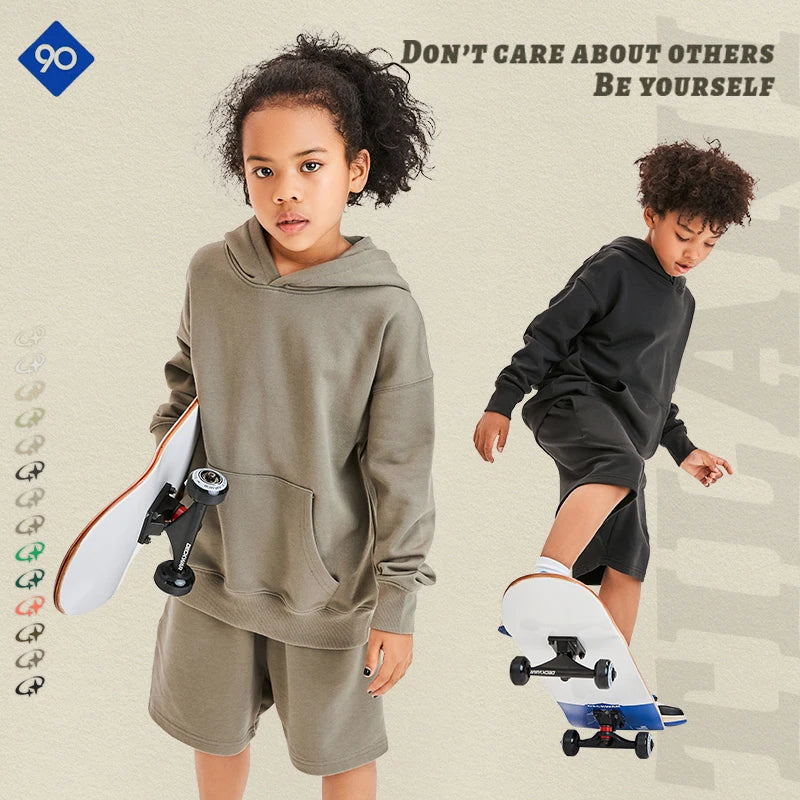 Customized Cotton Children's Hoodie With Fluffy Printed Embroidery for Boys and Girls' Sports Shorts and Hoodie Set