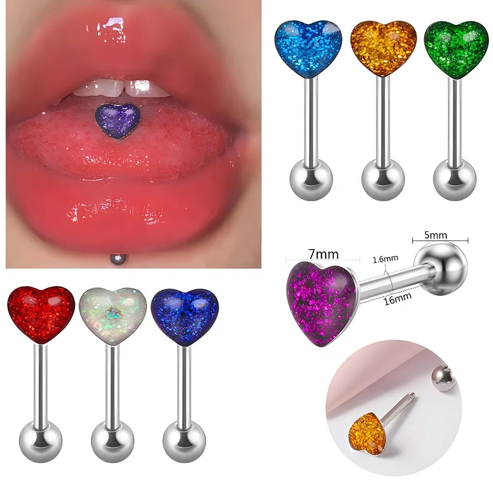 Stainless Steel Body Jewelry Tongue Piercing Ring Screw Barbell Straight Bar Heart Shape Glitter Tongue Stud