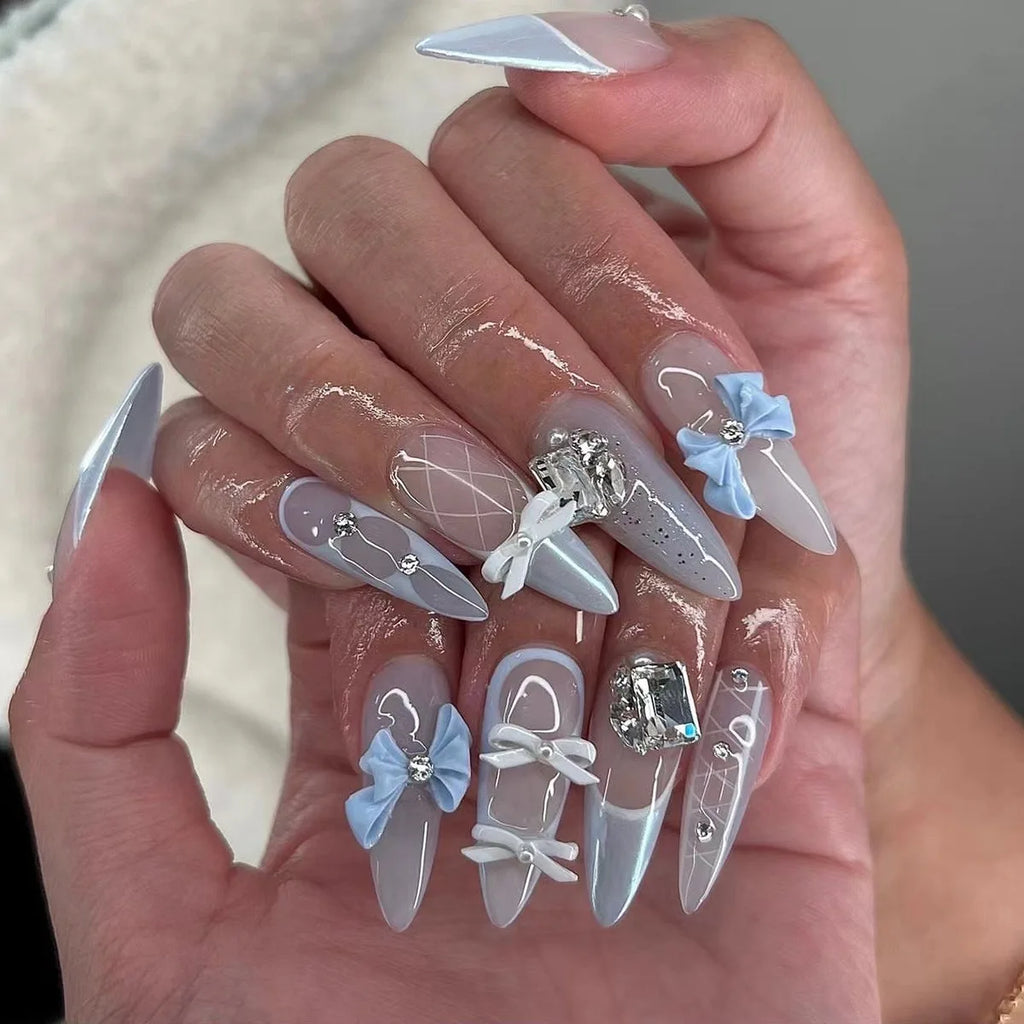 24 Pcs Sparkling Rhinestone Glitter Bow French Manicure  Acrylic Press on Nails Artificial Fingernails False Nails 3277