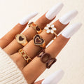 RisingMoon 6pcs/set Bohemian Flower Vintage Ring 18k Gold Plated Enamel Brown Love Heart Finger Ring Set for Lady