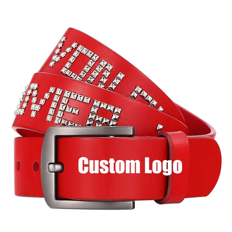 Classic Casual Red Custom Metal Pin Buckle Cowhide Leather Belts for Men Women-Waterproof Durable