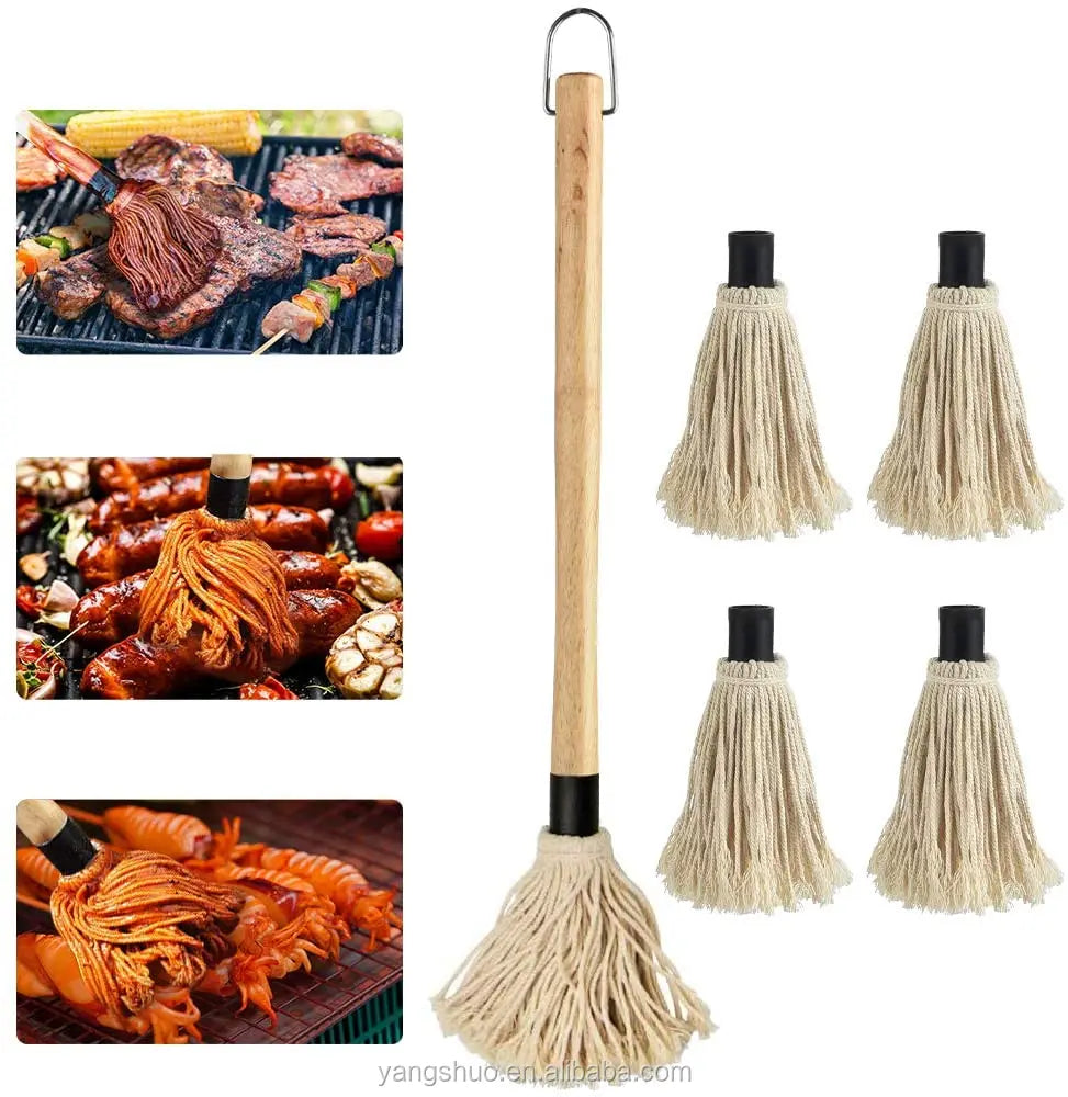 BBQ Mops Brush with Long Wooden Handle and Cotton Fiber Head Oil Sauce Brush Tool