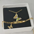 Qiuhan Personalized Stainless Steel Gold Plated Bracelet Butterfly Rhinestone Necklace Custom Name Engraved Bracelet Set