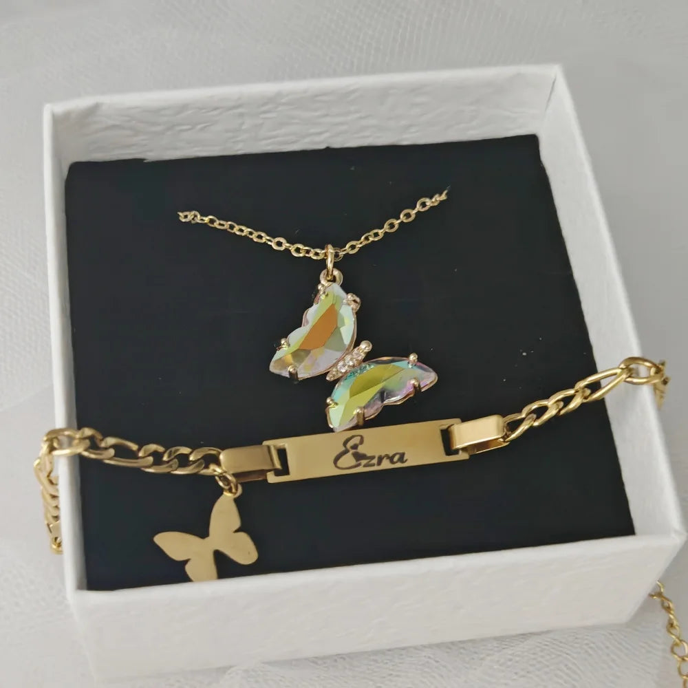 Qiuhan Personalized Stainless Steel Gold Plated Bracelet Butterfly Rhinestone Necklace Custom Name Engraved Bracelet Set