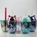 Hot Selling Double Layer Cute Plastic Belly Cup Mini Glitter Cat Ear Acrylic Cup Coffee Mugs With Straw