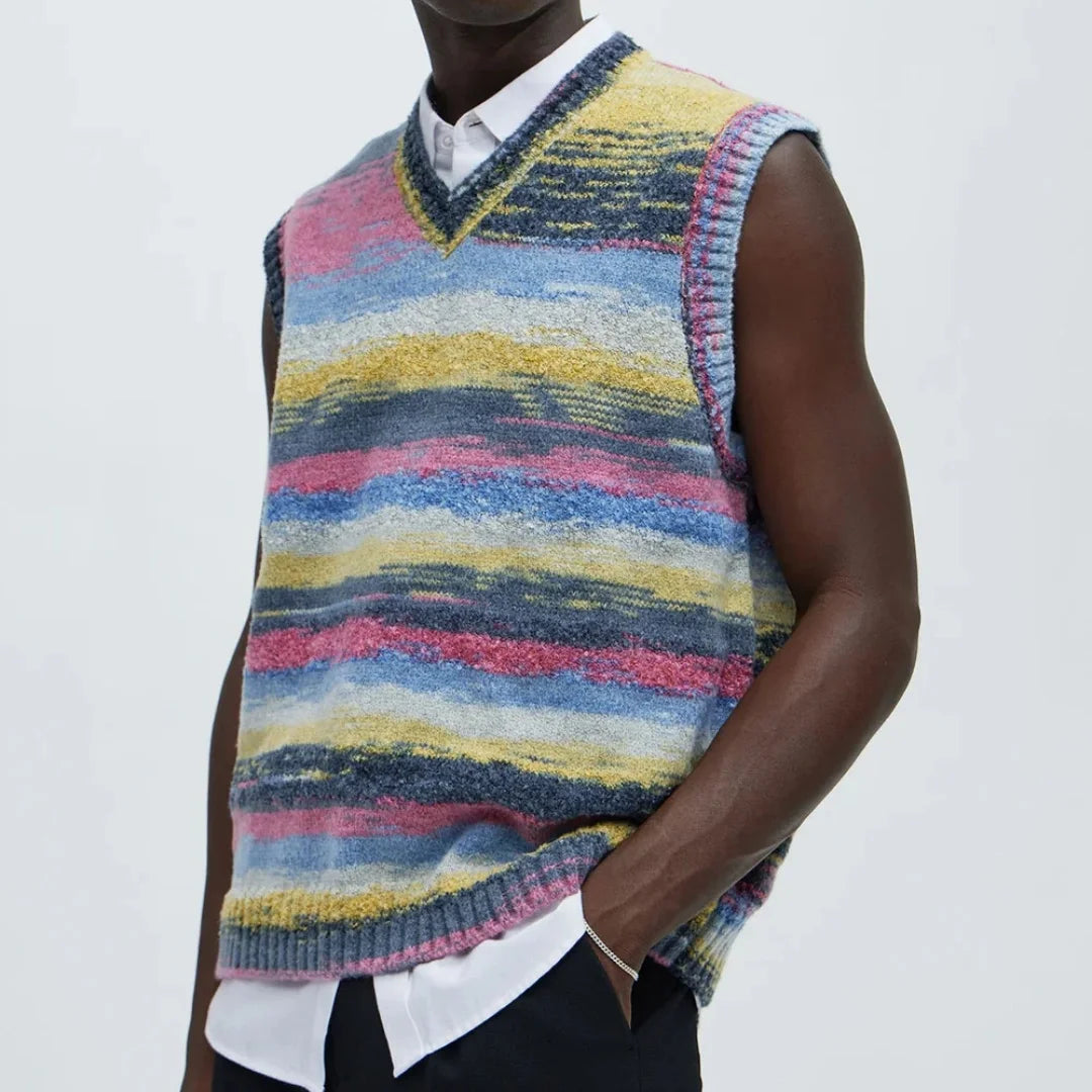 Customized Casual Plus Size Textured Sweater Multi Color Colorful Rainbow Striped Weaving Jacquard Patterned Knitted Vest