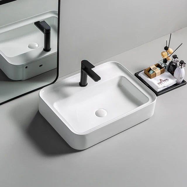 Logo Design Baskom 60cm White Ceramic Wash Basin Table Top Rectangle Art Bathroom Sink