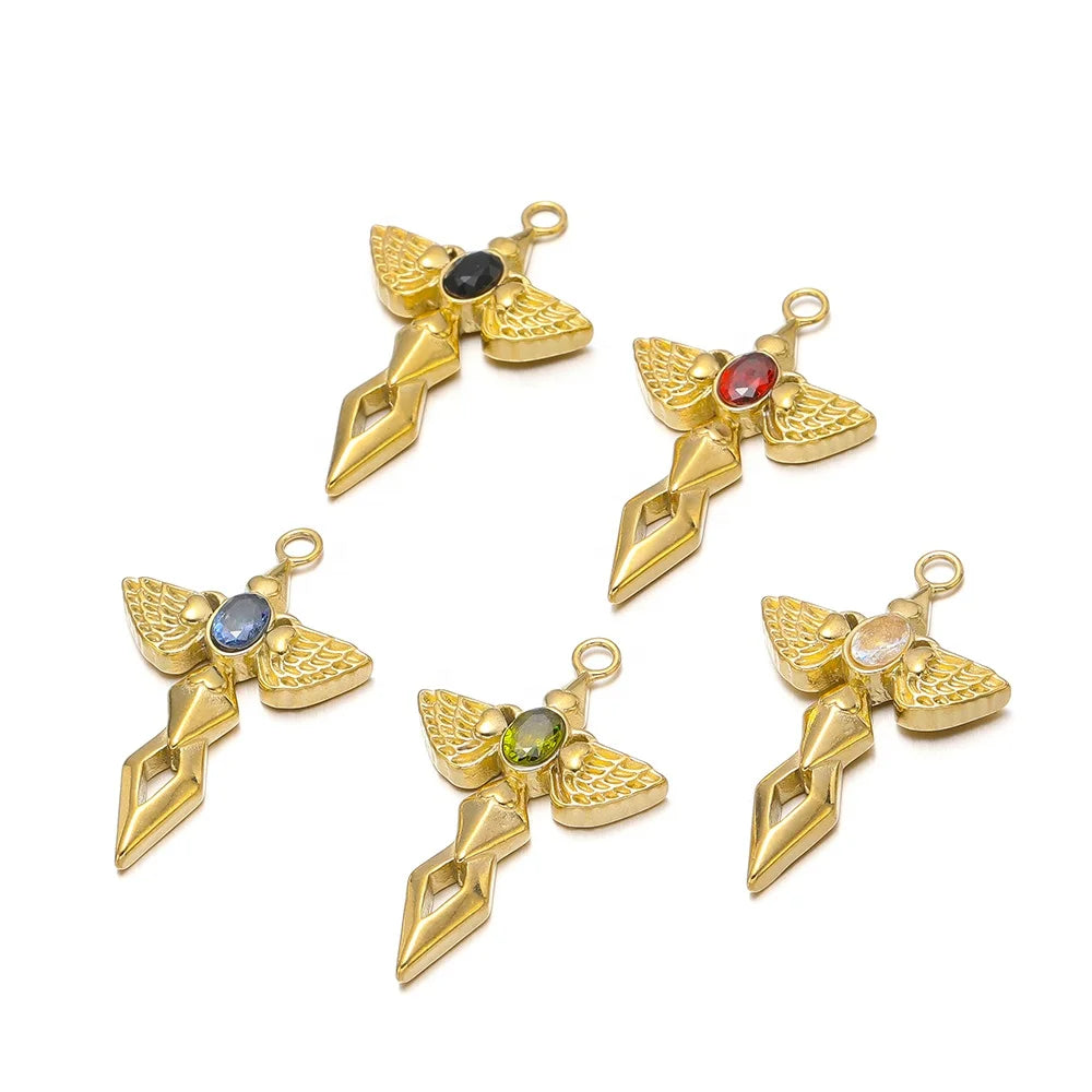 5Pcs Fashion Stainless Steel Wings Diamond Cross Charms Pendants for DIY Necklace Findings Jewelry Accessories Wholesale