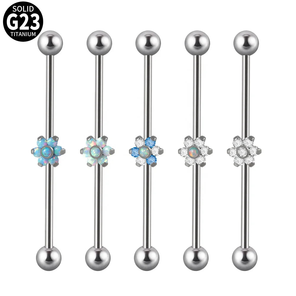 G23 Titanium Ear Barbell with Detachable Opal CZ Flower Industrial Women's Piercing Jewelry 14G for Wedding and Engagement