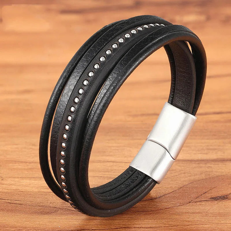 Hot Sale Classics Hand-Woven Five-Layer Genuine Leather Bracelet Stainless Steel Magnetic Clasp Accessories Leather Bracelet