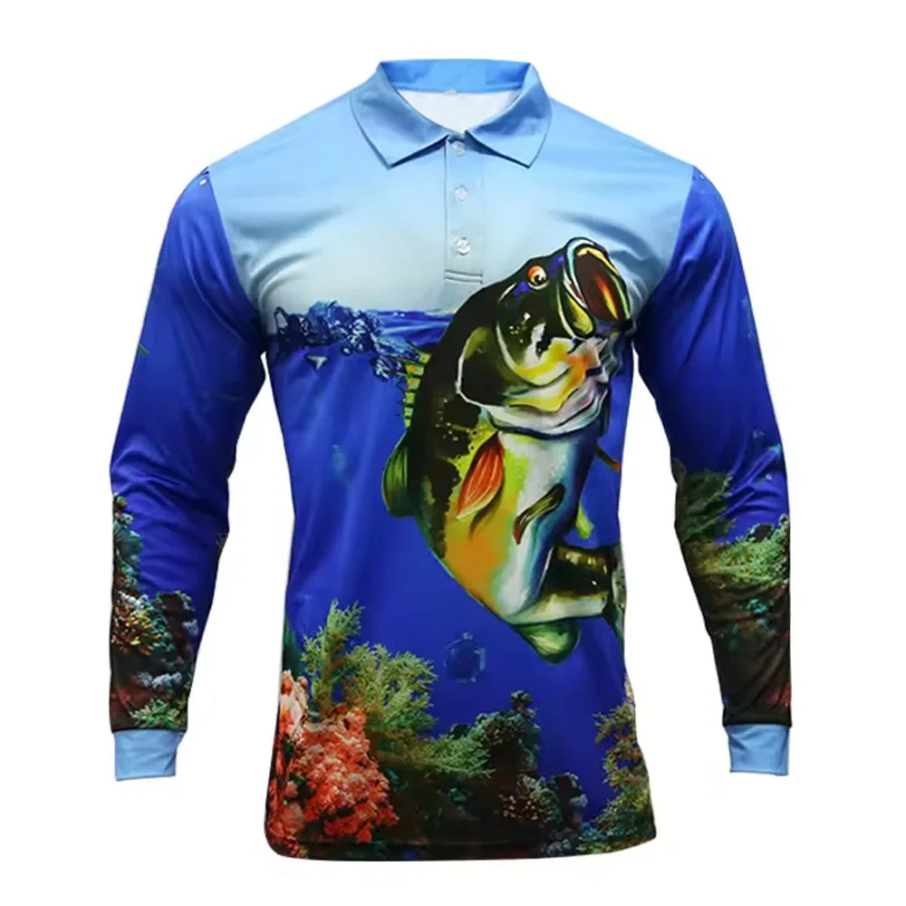 Designer Lightweight Quick Dry Fishing Polo Shirts for Men Fashion Printed Button Long Sleeve Polyester Blouse Tops