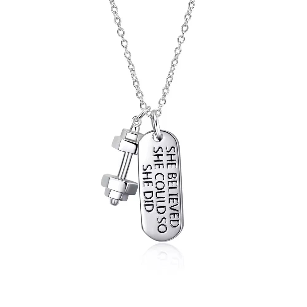 Inspirational Jewelry Engraved "She Believed She Could so She Did" Nameplate and Dumbbell Charms Necklace