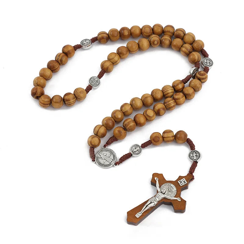 Natural Wood Bead Necklace Catholic Beads Christian Cross Necklace Hand Woven Pendant Jewelry Wholesale