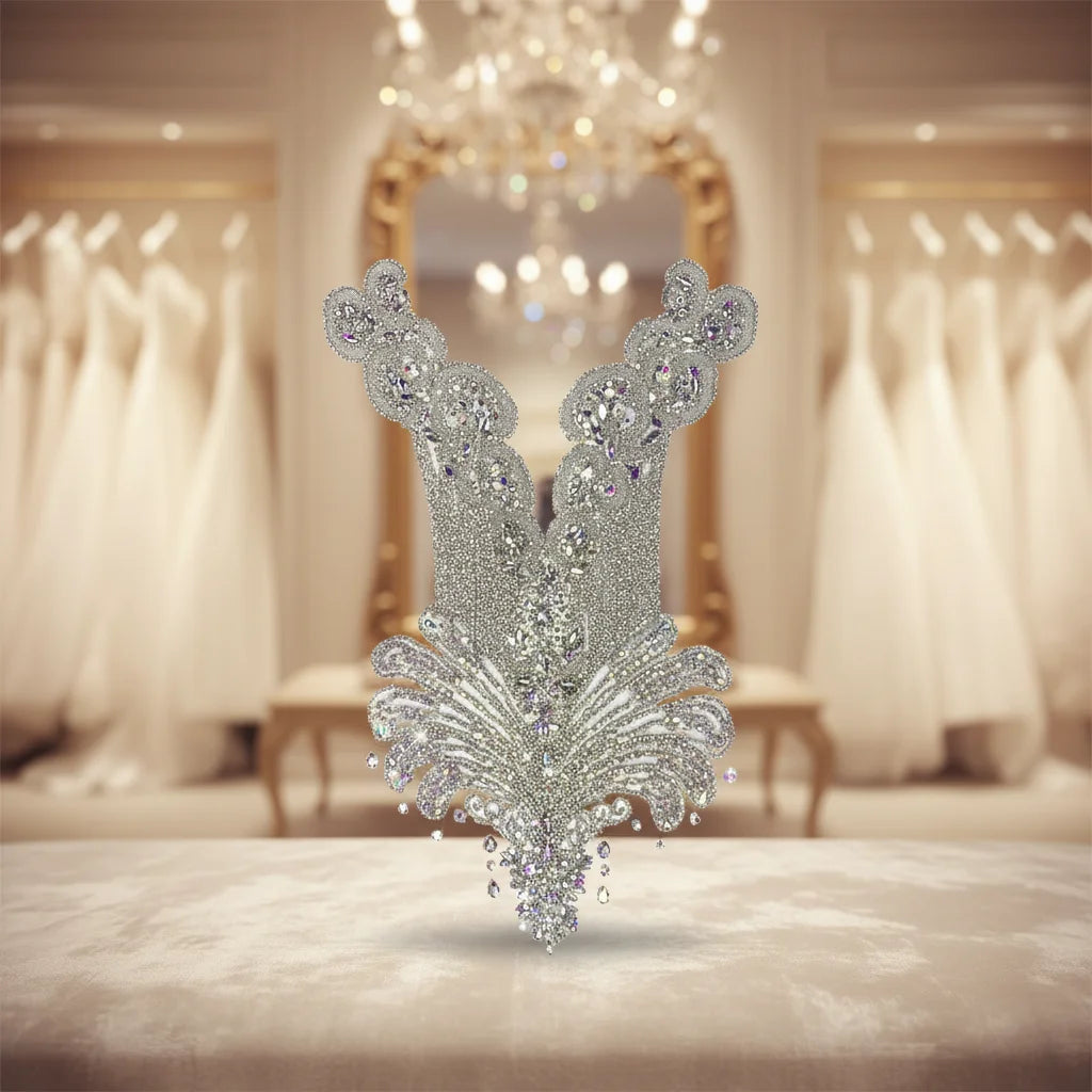 W006 Fashion Good Quality Custom Embroidery Patches Handmade Beaded Crystal Rhinestone Bodice Dress Applique for Dress