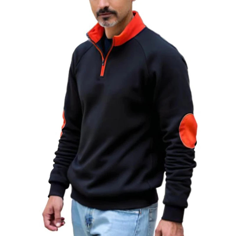 Men's Winter Solid Pullover Sweatshirt Contrast Collar & Elbow Patches Raglan Sleeve Casual Streetwear Top
