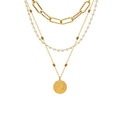 Titanium Steel Necklace Women's Three Layered Pearl Queen Pendant Necklace