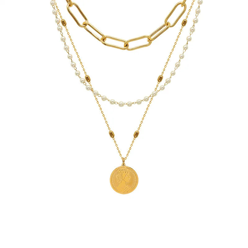 Titanium Steel Necklace Women's Three Layered Pearl Queen Pendant Necklace
