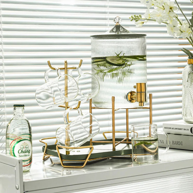 Hot Selling Creative Glass Water tank 6 Cup Holder Set Household Enzyme Bucket with Faucet Cold Kettle Set