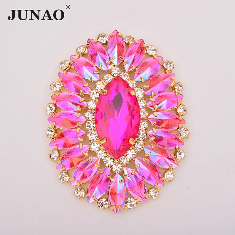 JUNAO Hot Sale Round Shape 54*70mm Sew on Strass Flower Claw Stone Buckle Bikini Connector Rose AB Glass Rhinestone Chain