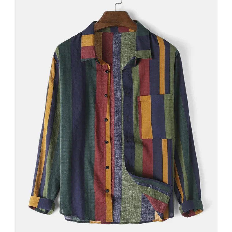 2025 Vintage Striped Long Sleeve Button-up Shirts for Men Spring Fall Casual Tops Anti-Wrinkle Breathable