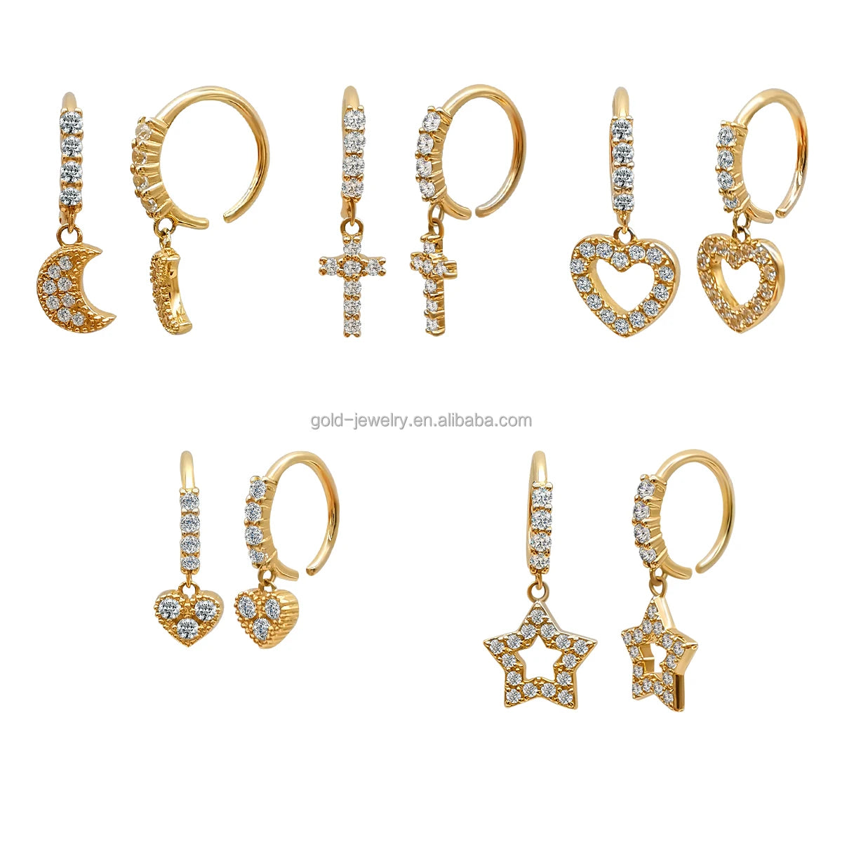 AU585 14K Gold Jewelry Zircon Drop Nose Rings Heart Pedant Hoop Piercing Jewelry