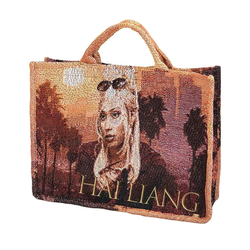 Fashion Women's Tote Bags Custom Embroidery Logo Large Linen Hand Shopping Bags the Tapestry Tote Bag